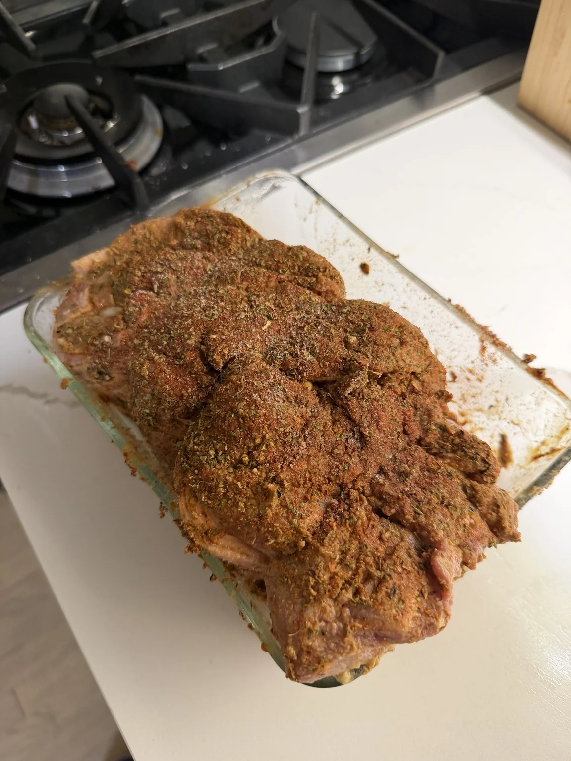 The pork after the overnight garlic-mustard-spice marinade.